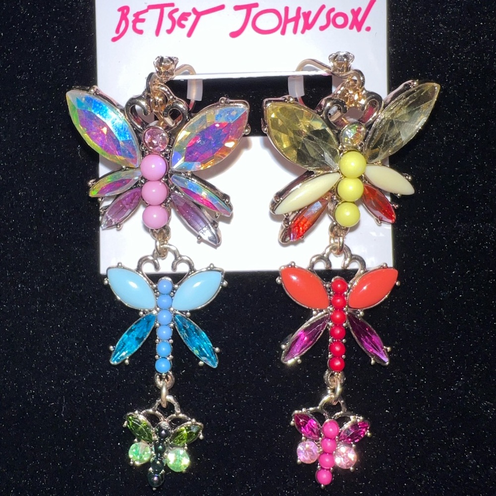NEW Betsey Johnson Gold Tone Triple Drop Dragonfly Mismatch Crystal Earrings